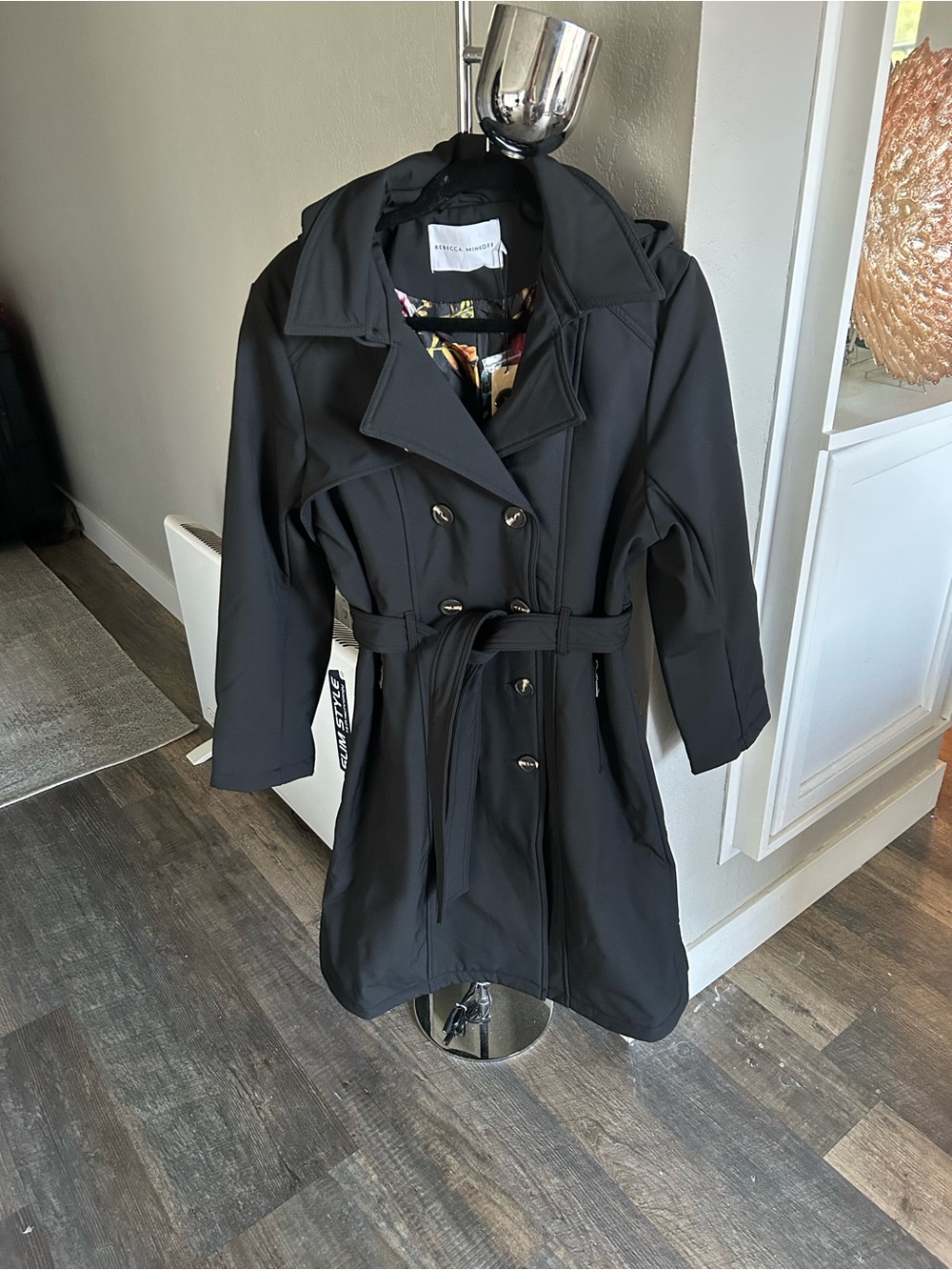 Rebecca Minkoff Black Double-Breasted Hooded Trench with Tie Belt
